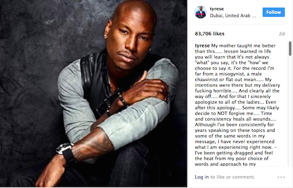 O pedido público de desculpas do ator e cantor Tyrese Gibson (Foto: Instagram)