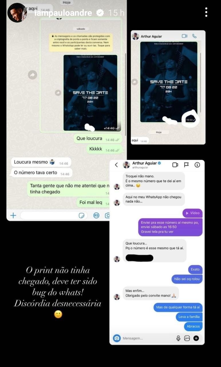 Paulo André compartilha print de troca de mensagem com Arthur Aguiar  (Foto: Instagram)