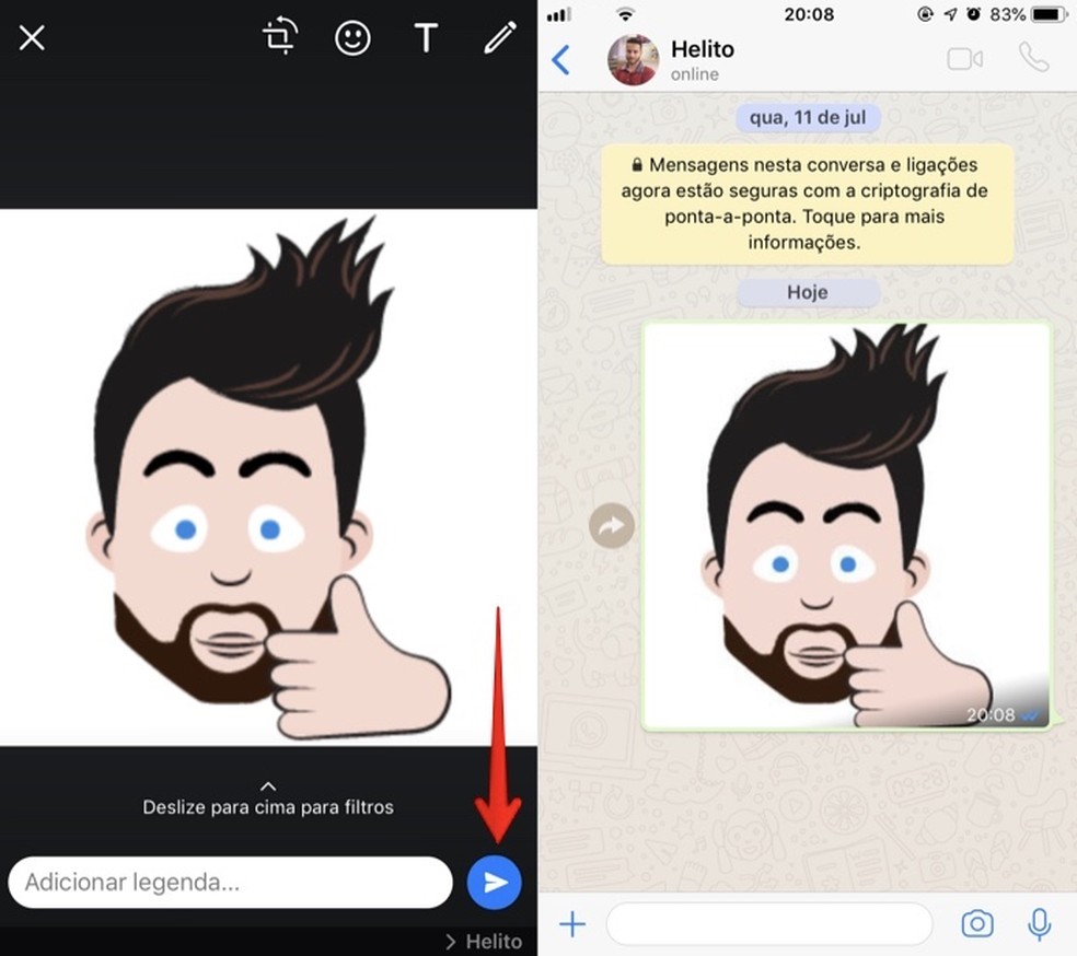 Enviando figurinha no WhatsApp (Foto: Reprodução/Helito Bijora)