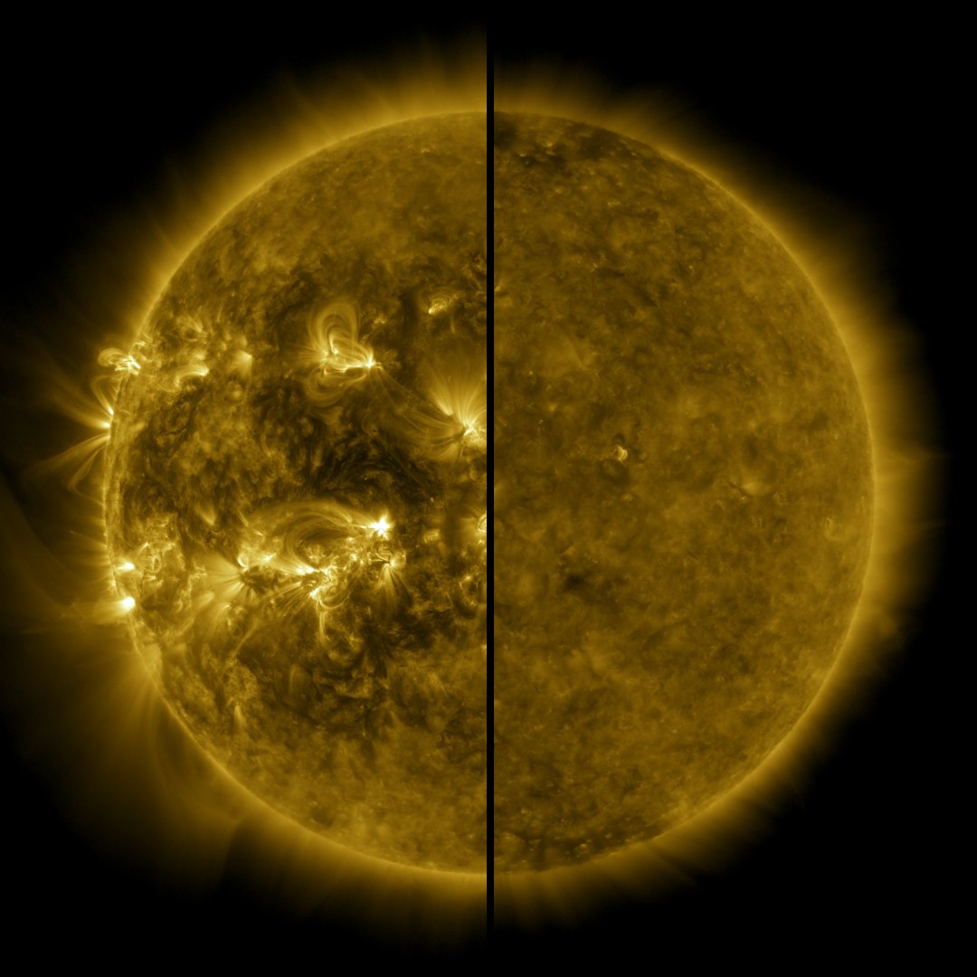 Nasa confirma que entramos em um novo ciclo solar. À esquerda, o Sol em 2014 durante o pico do ciclo 24. À direita, o Sol em 2019 durante o mínimo solar. (Foto: NASA/SDO)