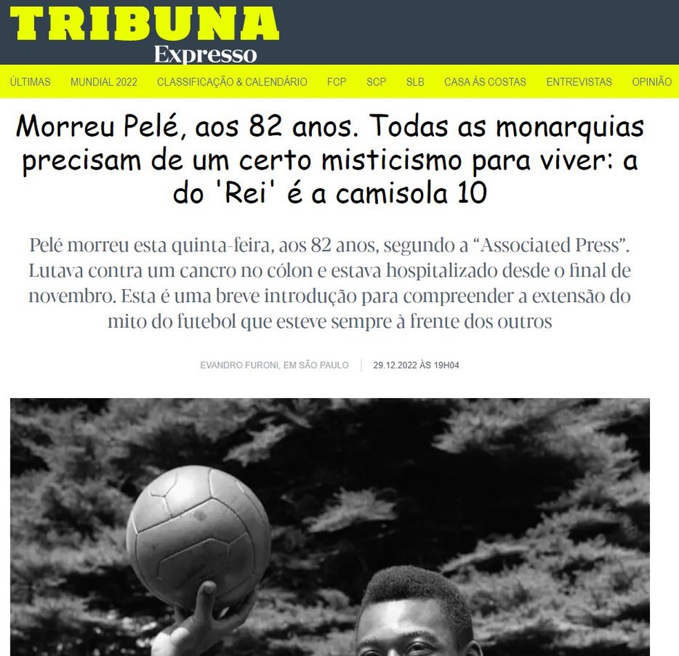 Jornal português Tribuna Expresso repercute morte de Pelé — Foto: Reprodução