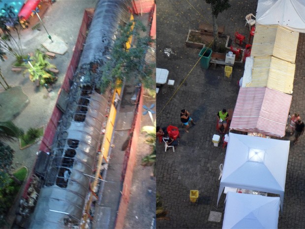 O morador de São Vicente, Elton Ricardo Doraciotto, tirou fotos aéreas da Biquinha após o incêndio que atingiu o local há cerca de duas semanas. De um lado, a parte atingida pelo fogo e de outro, barracas improvisadas pelos comerciantes para continuar ven (Foto: Elton Ricardo Doraciotto/VC no G1)