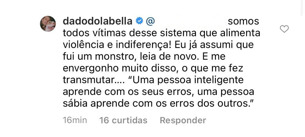 Dado Dolabella responde internauta sobre tapa que deu em Luana (Foto: Reprodução/Instagram) Dado Dolabella responde internauta sobre tapa que deu em Luana (Foto: Reprodução/Instagram)
