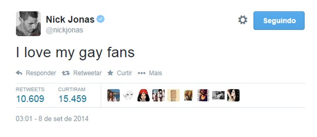 Nick Jonas se declara aos admriadores gays (Foto: Reprodução/Twitter)