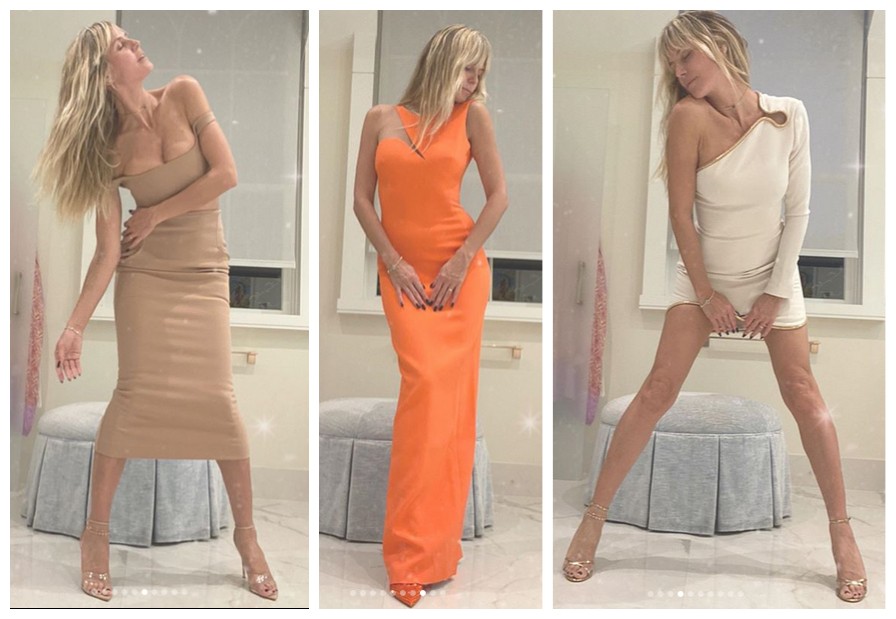 A modelo Heidi Klum em sua prova particular de vestidos de grife (Foto: Instagram)