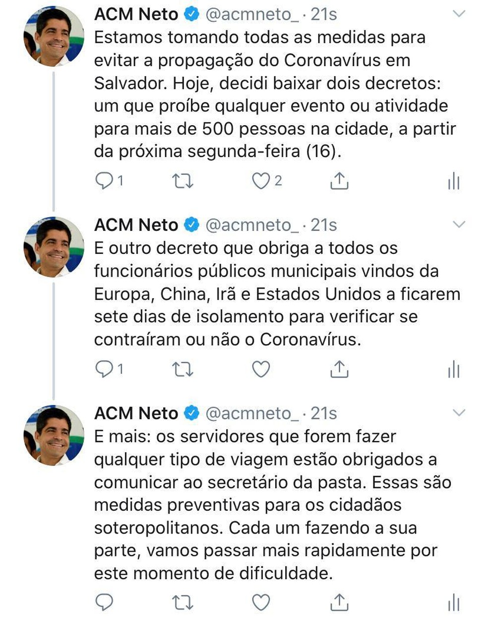 Prefeito de Salvador anunciou medidas para evitar propagação do coronavírus — Foto: Reprodução/Twitter