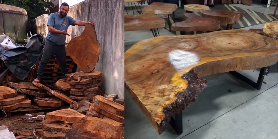 O restaurador de móveis Alex Ferreira passou a criar móveis em madeira reutilizada de podas de sua cidade, Santos (SP)