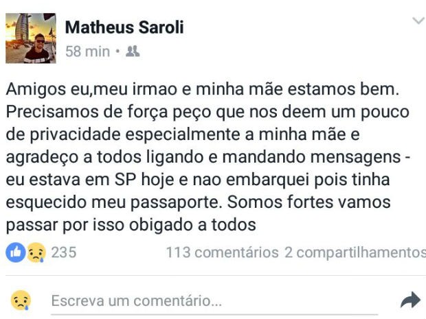 Matheus Saroli disse, em postagem no Facebook, que não embarcou porque esqueceu o passaporte (Foto: Reprodução/Facebook)