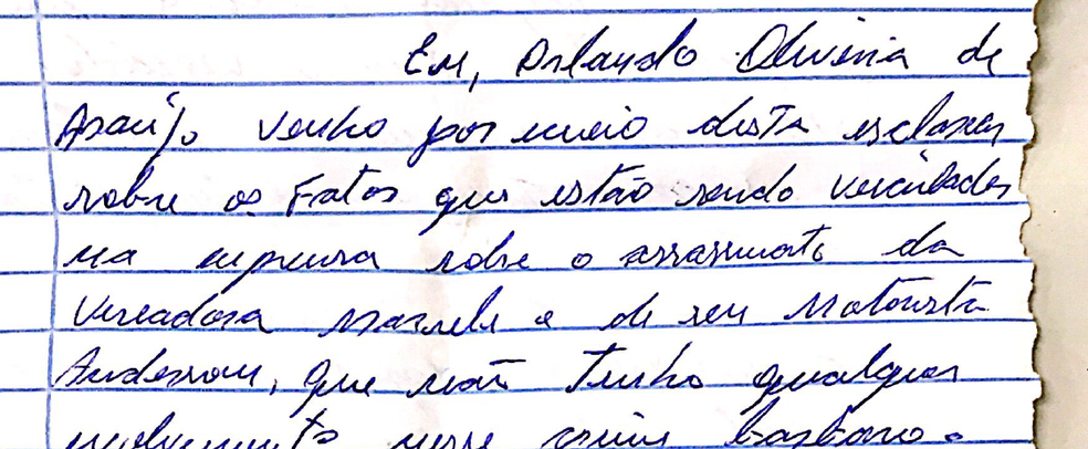 Em carta, "Orlando de Curicica" nega envolvimento com o crime de Marielle. Segundo a polÃ­cia, ele Ã© miliciano na Zona Oeste e estÃ¡ preso por crime semelhante (Foto: ReproduÃ§Ã£o)