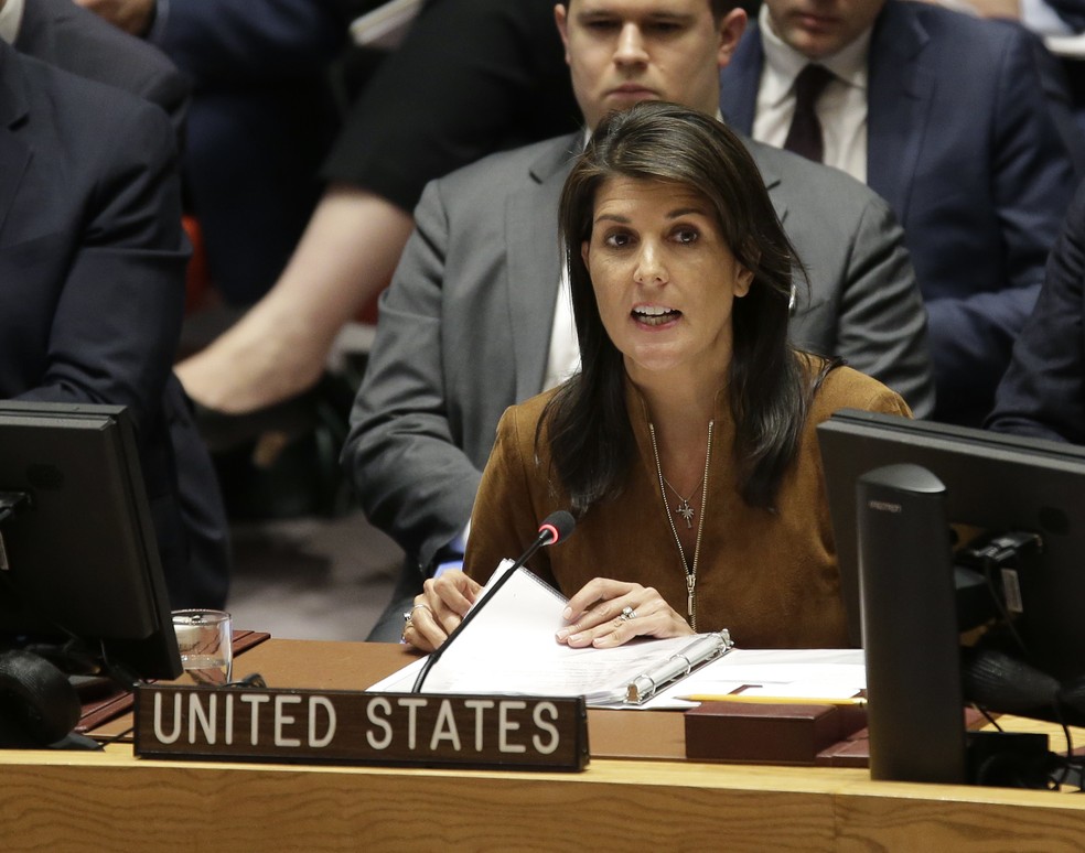 Nikki Haley, embaixadora dos EUA na OrganizaÃ§Ã£o das NaÃ§Ãµes Unidas  (Foto: Seth Wenig/ AP Photo)