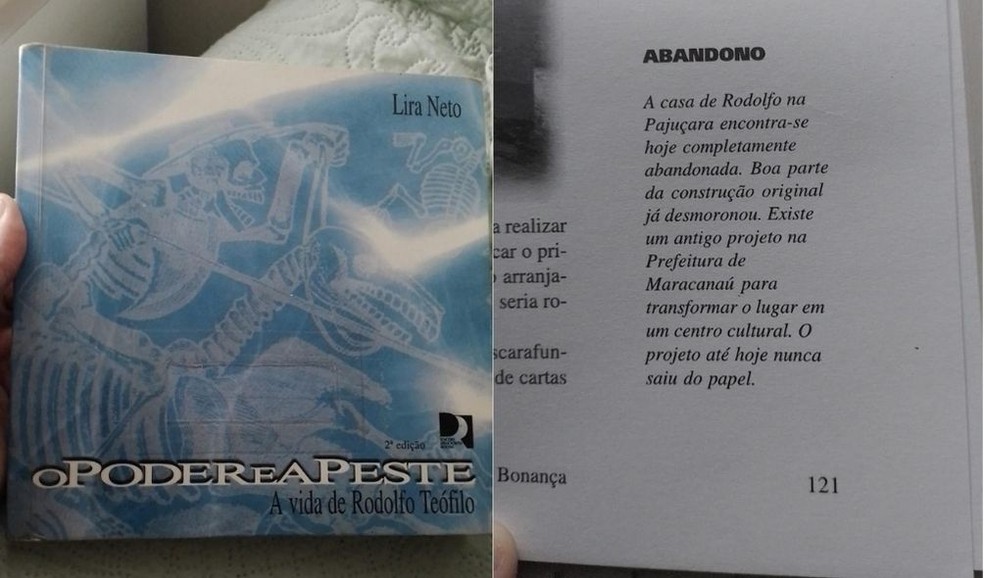 Trecho de livro de Lira Neto sobre Rodolfo Teófilo aponta que casa já havia recebido projeto para virar centro cultural. — Foto: Paulo Victor Damasceno/Arquivo pessoal