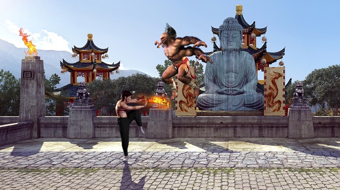 Liu Kang e Goro se enfrentam no clássico cenário Palaca Gate em alta definição (Foto: Reprodução/DSO Gaming)