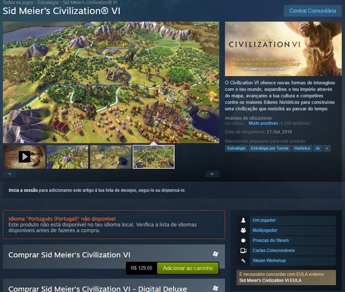 Página de Civilization 6 no Steam (Foto: Reprodução/Steam)