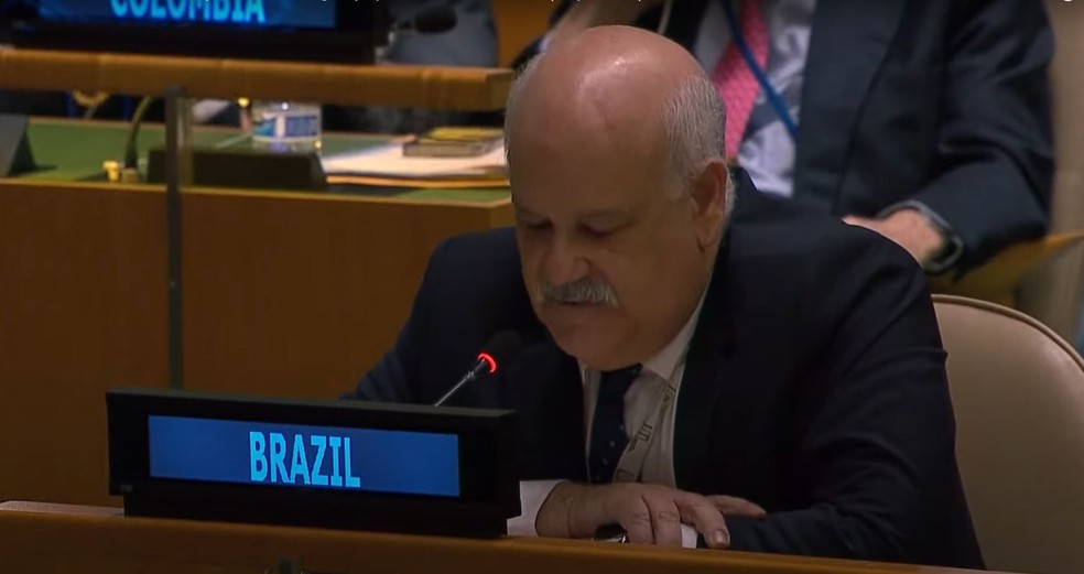 Embaixador do Brasil para a ONU, Ronaldo Costa Filho, discursa durante reunião da organização — Foto: ONU/Reprodução