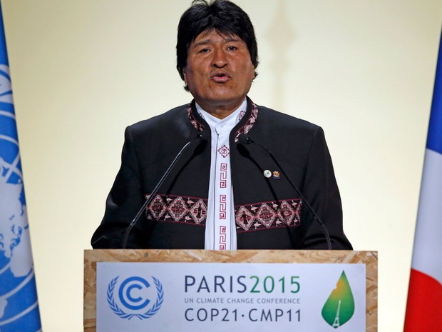 O presidente da Bolívia, Evo Morales, durante discurso na abertura da COP 21, em Le Bourget, na França, em 30 de novembro (Foto: Reuters/Christian Hartmann)