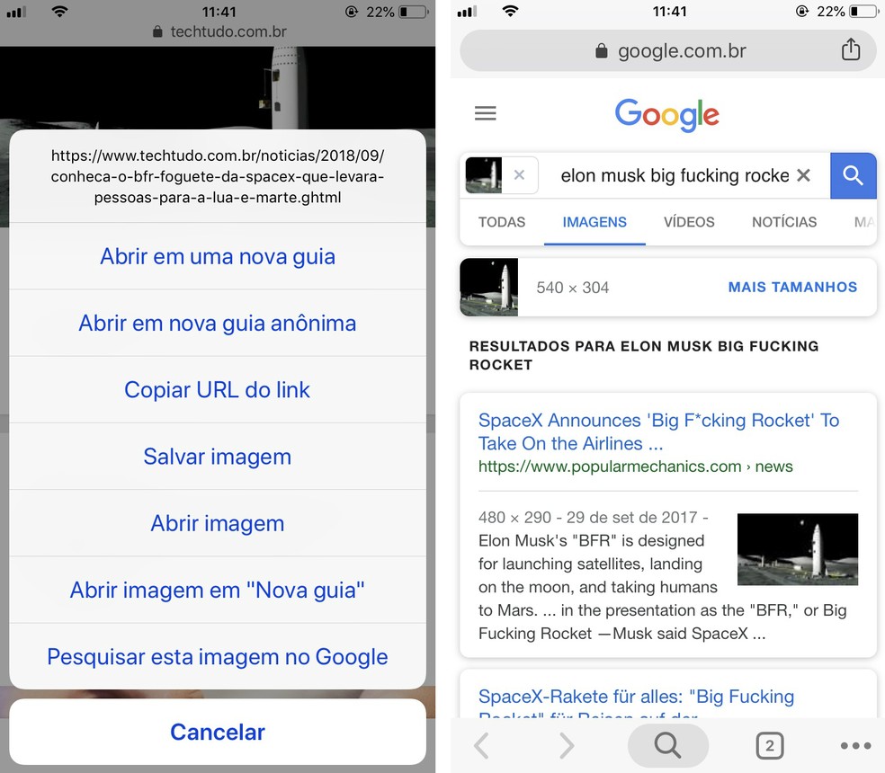 Google Chrome para celular permite fazer pesquisa reversa de imagens no Google — Foto: Reprodução/Rodrigo Fernandes
