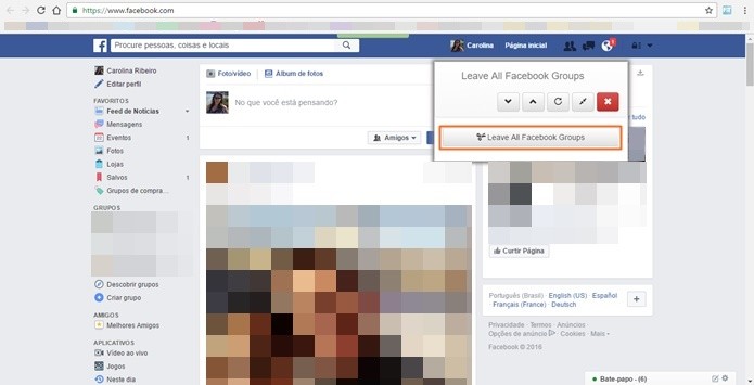 Plugin direciona para perfil do Facebook e mostra opção de sair de vários grupos ao mesmo tempo