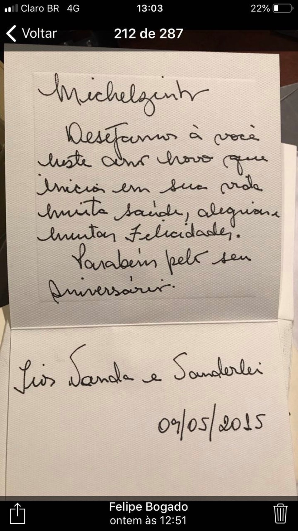 Mensagem de aniversário a Michelzinho, filho do ex-presidente Temer, enviada pelo empresário Vanderlei de Natale — Foto: Reprodução