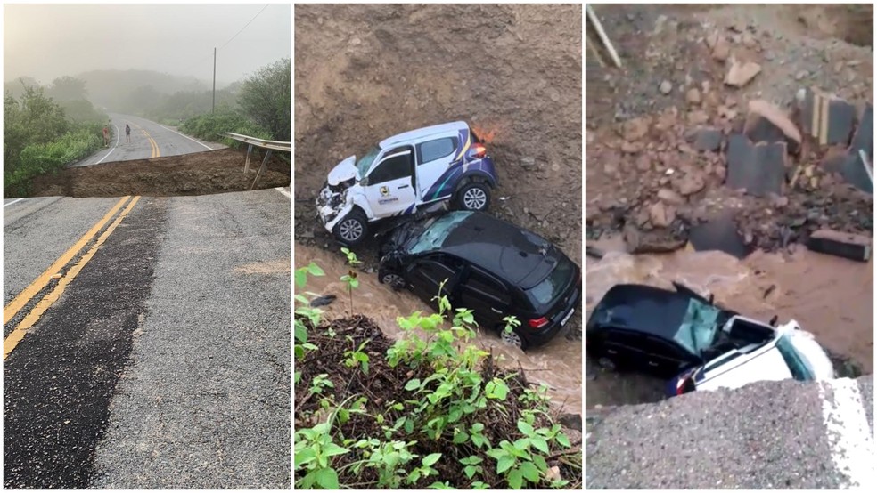 Chuva forte destrói estrada em Mauriti, no Ceará, e carros caem em cratera — Foto: Reprodução