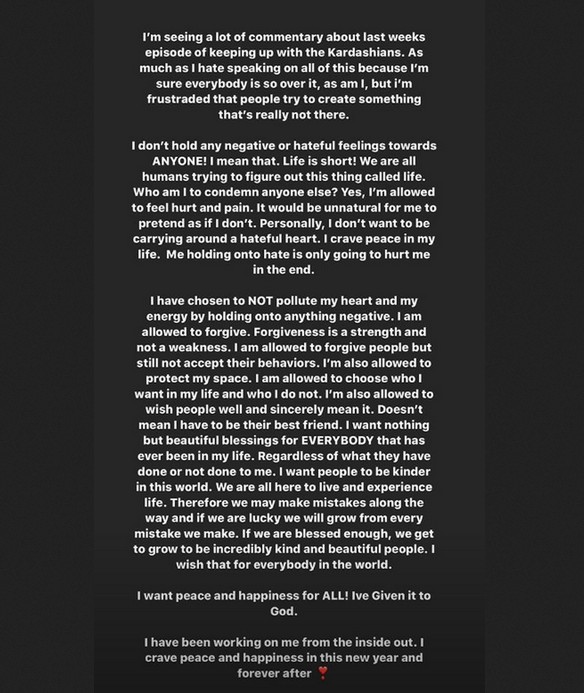 O texto compartilhado por Khloé Kardashian perdoando Tristan Thompson e Jordyn Woods (Foto: Instagram)