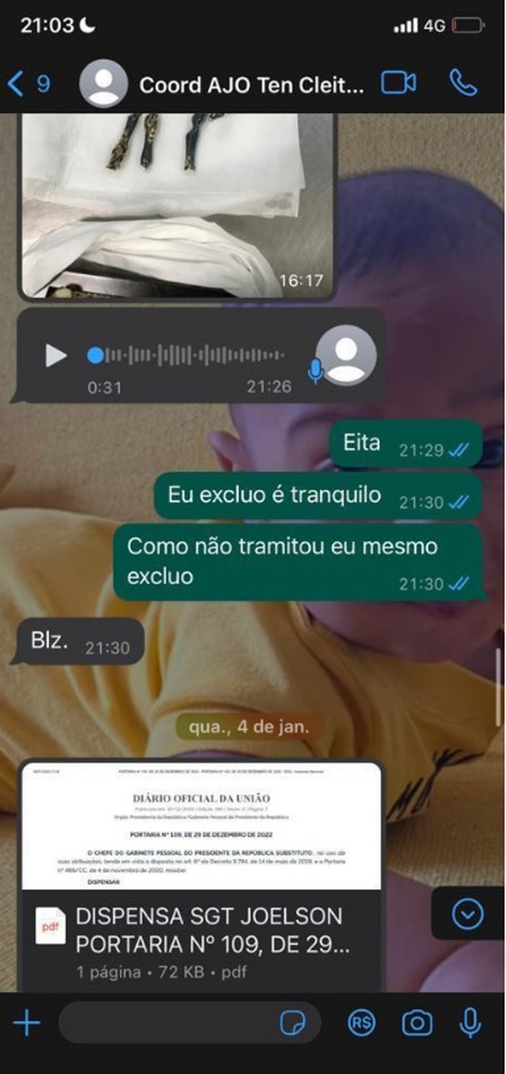 Reprodução de tela de conversa de WhatsApp entre Priscilla Esteves e contato marcado como tenente Cleiton.  — Foto: Reprodução