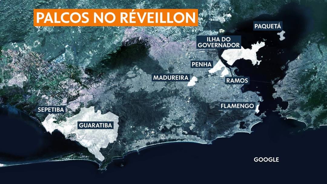 Mapa mostra os demais palcos do réveillon do Rio