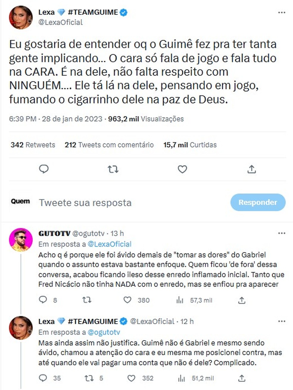Lexa defende Guim&ecirc; na web &mdash; Foto: Reprodu&ccedil;&atilde;o/Twitter