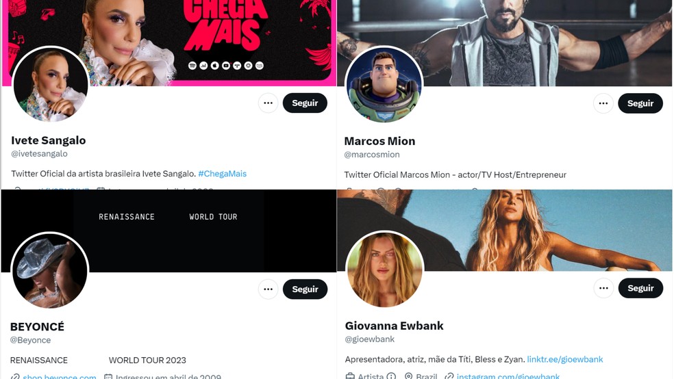 Ivete Sangalo, Marcos Mion, Gio Ewbank e até Beyoncé perderam o selo verificado — Foto: Reprodução