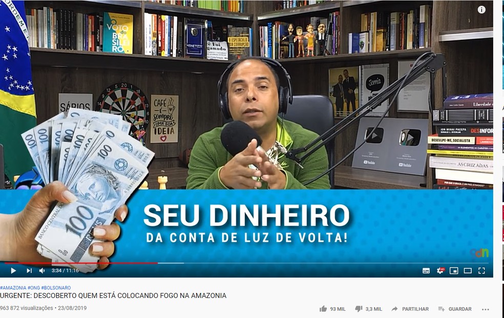 Reprodução do canal Giro de Notícias, em que o apresentador atribui a ONGs a responsabilidade pelos incêndios na Amazônia — Foto: Reprodução/YouTube