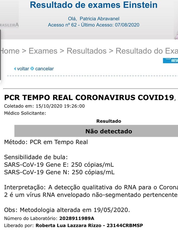 Patricia Abravanel mostra resultado de PCR (Foto: Reprodução/Instagram)
