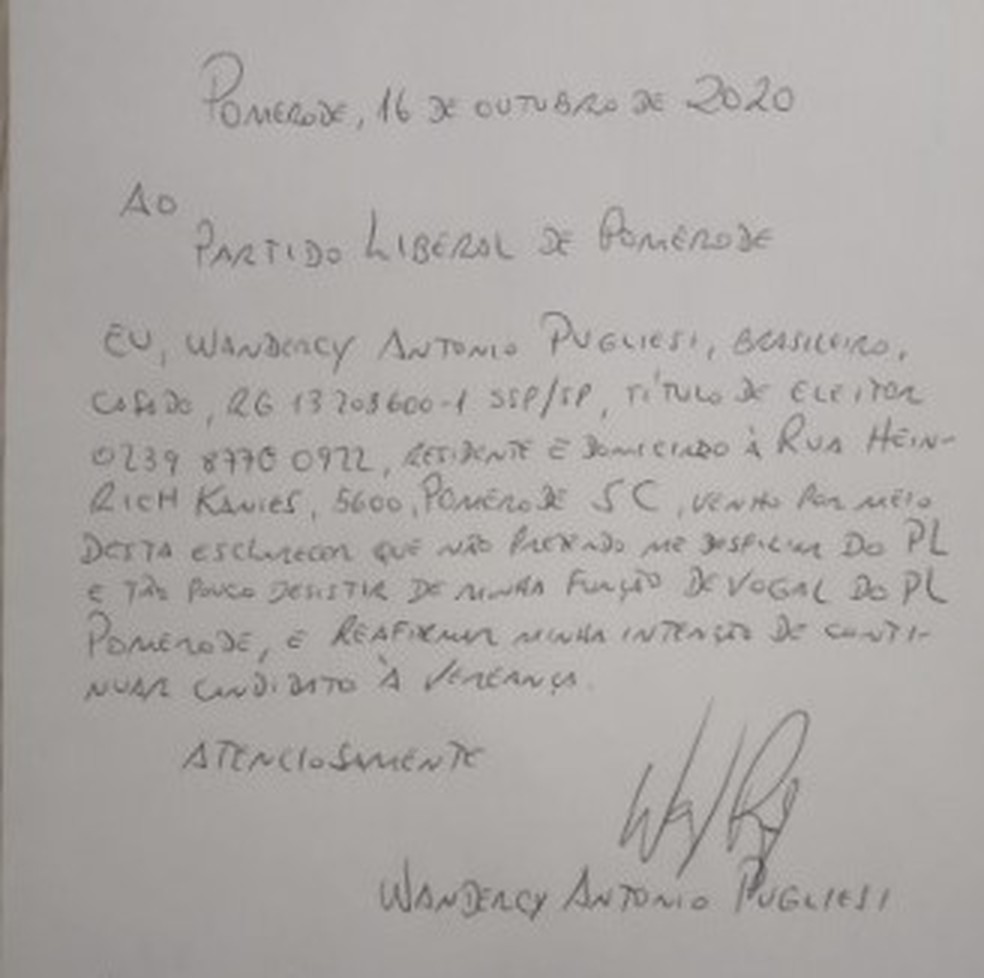 Documento assinado por Pugliesi em 16 de outubro — Foto: TSE/Divulgação