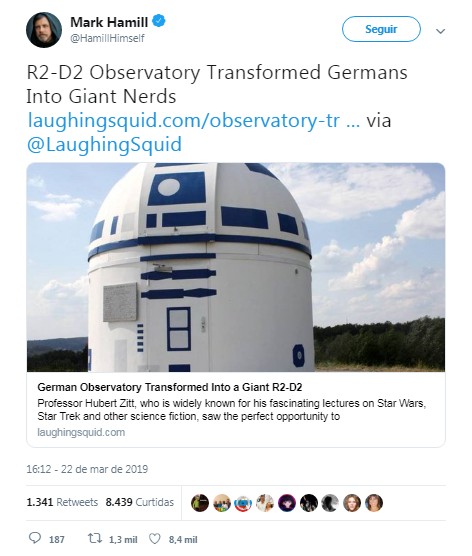 Tweet do ator Mark Hamill sobre o observatório em formato de R2-D2. (Foto: Twitter )