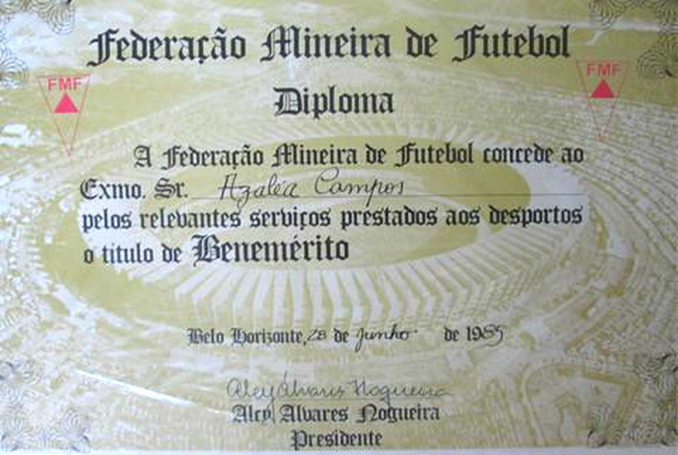 Diploma recebido por Léa Campos pela Federação Mineira na década de 1980 — Foto: Arquivo Pessoal