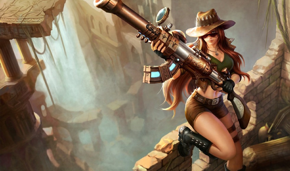 Caitlyn Caçadora tem chapéu com dentes de animais selvagens — Foto: Divulgação/Riot Games