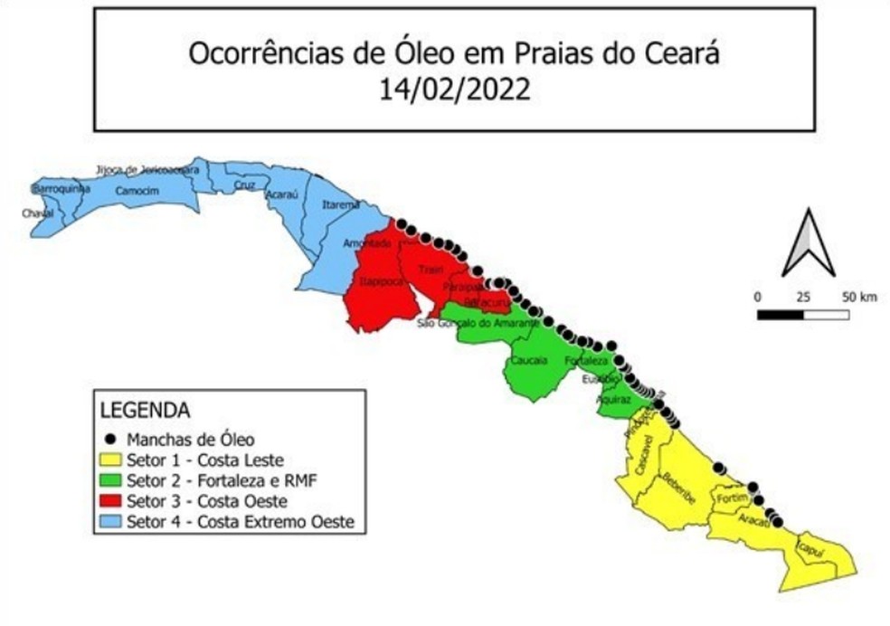 Manchas de óleo registradas no Ceará até 14 de fevereiro de 2022. — Foto: Reprodução