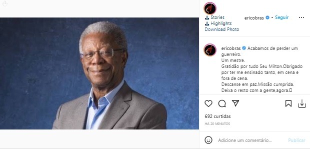 Érico Bras lamenta morte de Milton Gonçalves (Foto: Reprodução/Instagram)