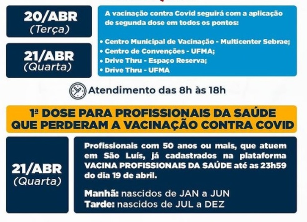 Prefeitura de São Luís divulga calendário de vacinação contra Covid-19 — Foto: Divulgação/Prefeitura de São Luís