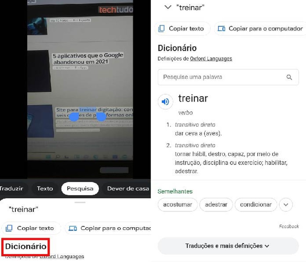 Google Lens pesquisa também definições de palavras, basta selecionar o texto desejado — Foto: Reprodução/Paola Mansur