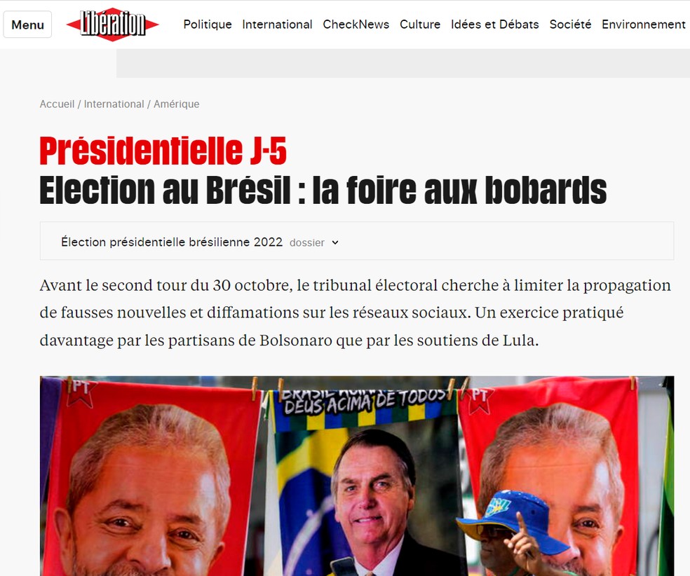 Texto do Libération sobre eleições no Brasil — Foto: Reprodução/Libération