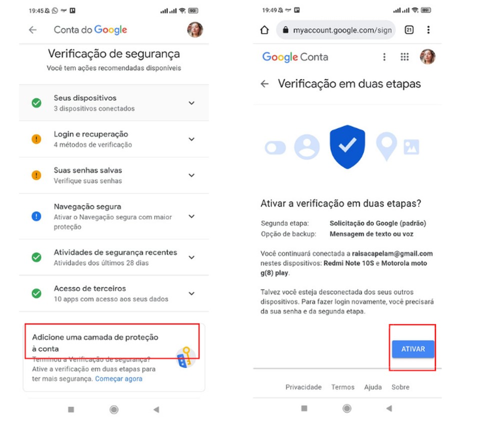 Ativação da verificação em duas etapas em celular com Android — Foto: Reprodução/Raisa Capela