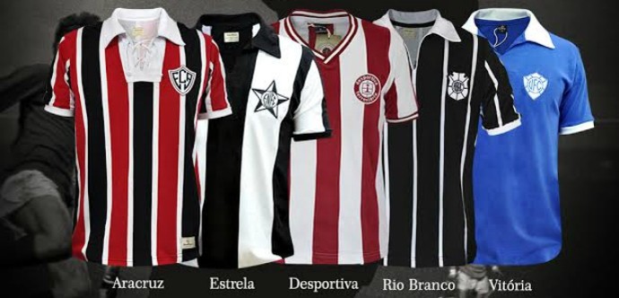 Camisas antigas de Aracruz, Estrela do Norte, Desportiva, Rio Branco-ES e Vitória-ES (Foto: Divulgação/Retromania)
