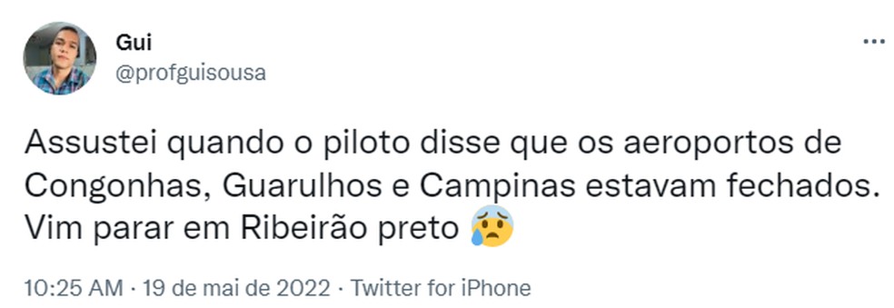 Usuário relata que seu voo foi desviado para Ribeirão Preto — Foto: Reprodução/Redes Sociais