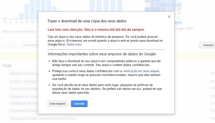 Alerta do Google sobre o download de cópia dos dados (Foto: Reprodução/ Raquel Freire)