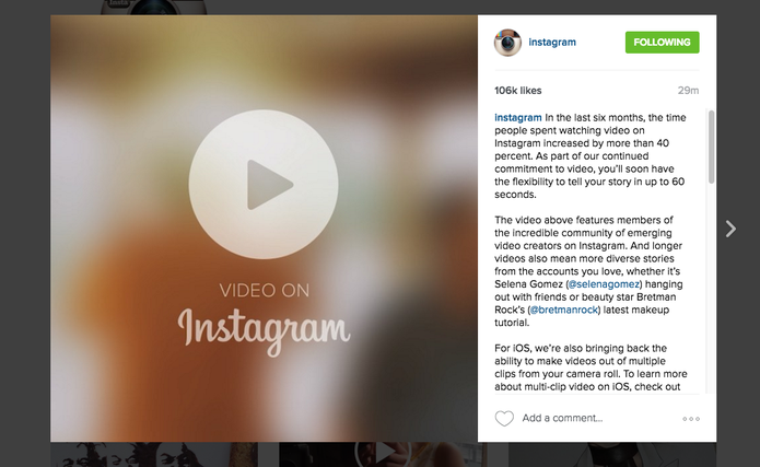 Instagram aumenta tamanho dos vídeos para 60 segundos para todos os usuários (Foto: Divulgação/Instagram)