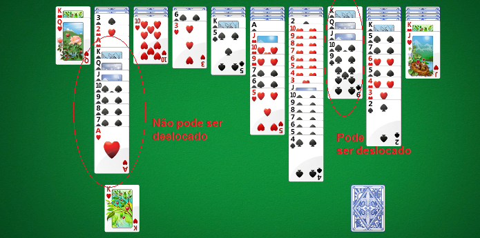 Colunas com cartas de diferente naipes não podem ser deslocadas, apenas com o mesmo naipe (Foto: Reprodução / João Moura)