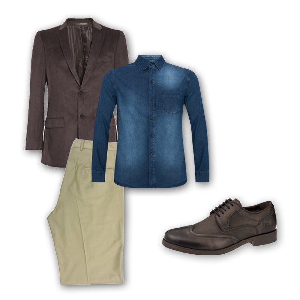 Blazer Crawford (R$ 699,90), calça Zapalla (R$ 599), camisa Jeans C&A (R$ 79,99), sapato Democrata (R$ 250) (Foto: Divulgação)