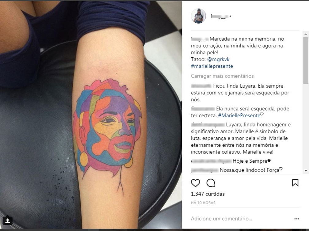 Filha de Marielle Franco tatuou no braÃ§o o rosto da mÃ£e duas semanas apÃ³s o crime que chocou o paÃ­s (Foto: ReproduÃ§Ã£o/Instagram)