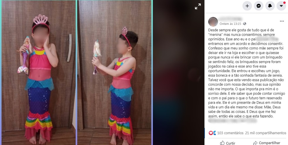 Publicação feita pela mãe mostra filho vestido com a fantasia e segurança boneca no interior de SP — Foto: Reprodução/Facebook