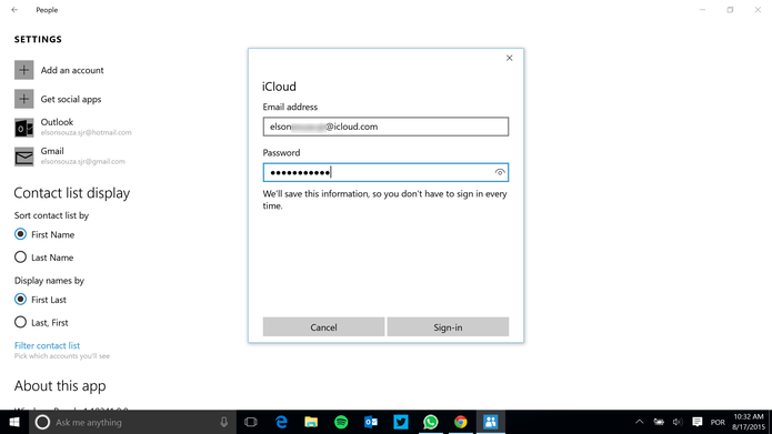 Windows 10 precisa que usuário faça login no aplicativo de Pessoas para sincronizar contatos (Foto: Reprodução/Elson de Souza)