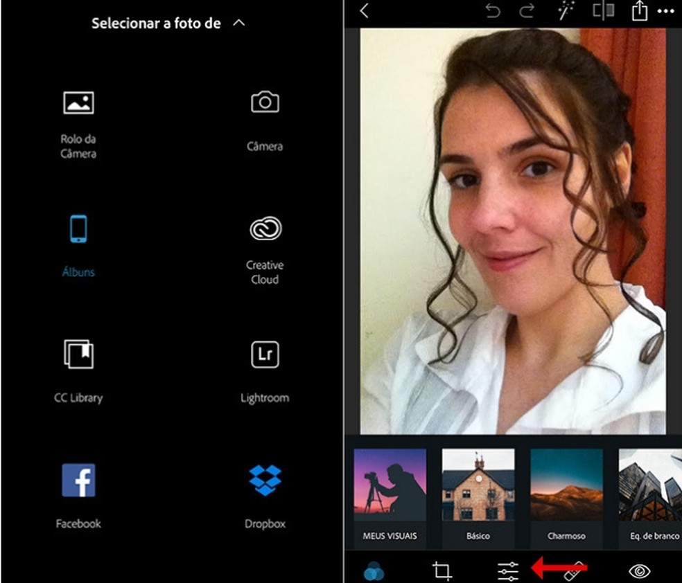 Faça uma nova selfie ou selecione uma imagem já existente para editar no Photoshop Express — Foto: Reprodução/Amanda de Almeida